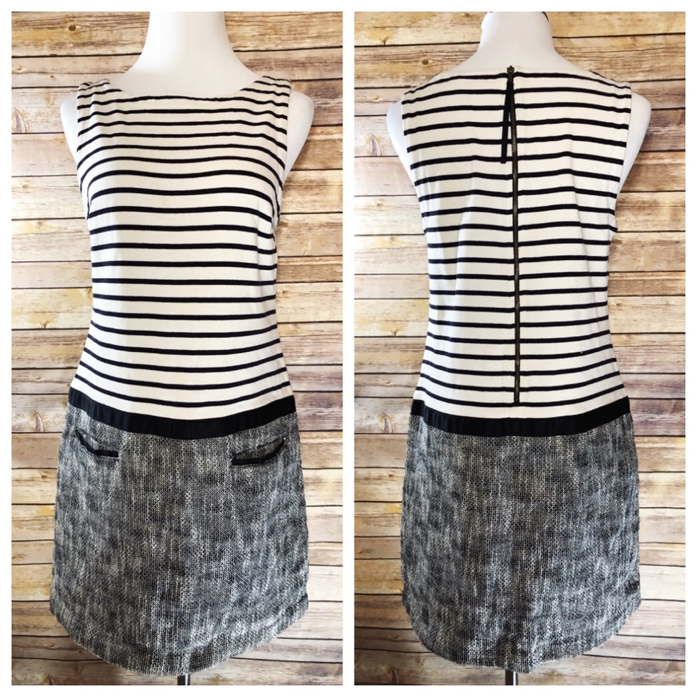 LOFT Black & Cream Drop Waist Knit Stripe Dress - Picture 1 of 8